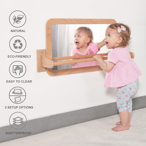 Bolocon Montessori Baby 2-in-1 Shatterproof Safety Mirror with Pull-Up Bar - Infant Wall Mount & Floor Play for Tummy Time...