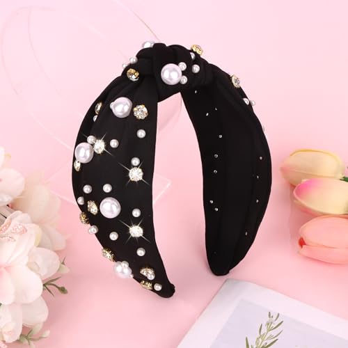 Brimekichio Black Headband for Women Girls Pearl Knotted Headband Clear Rhinestone Head Band Black Hair Accessories Women