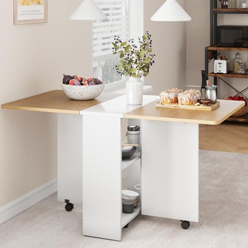 Space Saving Folding Dining Table with 2 Tier Storage-Extendable Drop Leaf Farmhouse Wood Kitchen Dining Room Tables Set f...