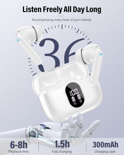 Wireless Earbuds, Bluetooth 5.4 Headphones Bass Stereo, Ear Buds with Noise Cancelling Mic, LED Display in Ear Earphones C...