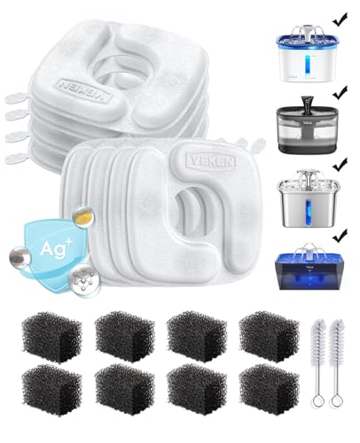 Veken Cat Water Fountain Filters, 8 Pack Replacement Filters & 8 Pack Replacement Pre-Filter Sponges Set for 50oz, 84oz, 9...