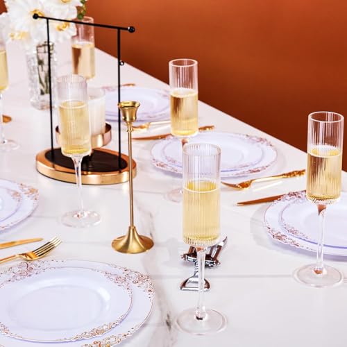 Ciaell Champagne Flutes Set of 4 - Vintage Ribbed Crystal Hand Blown Champagne Glasses With Long Stem - Elegant Sparkling ...