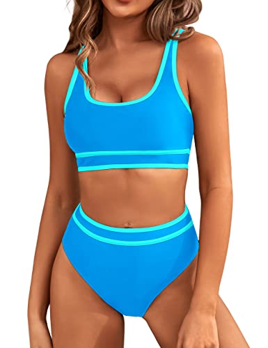 BMJL Women's High Waisted Bikini Sets Sporty Two Piece Swimsuits Color Block Cheeky High Cut Bathing Suits