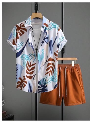 SOLY HUX Men's 2 Piece Beach Vacation Outfit Tropical Print Button Down Shirt and Drawstring Shorts Set