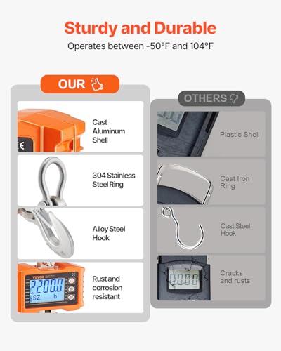 VEVOR Digital Crane Scale, 2200 lbs/1000 kg, Industrial Heavy Duty Hanging Scale with Remote Control, Cast Aluminum Case &...