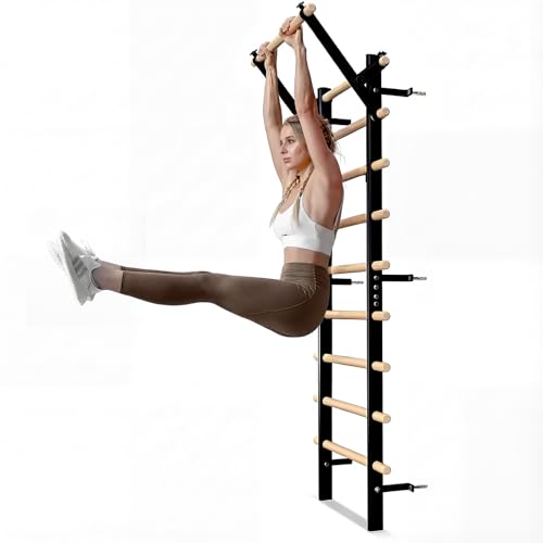 GMWD Swedish Ladder, Stall Bar, Suspension Trainer with Pull-Up Bar and Dip Bar Attachments, Wooden Stall Bar with 9 Strat...