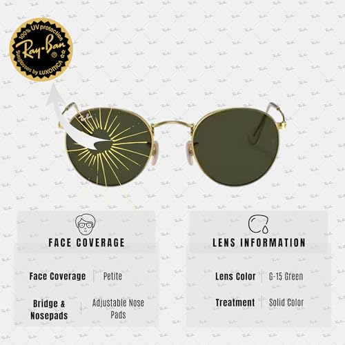 Ray-Ban RB3447 ROUND METAL Sunglasses with Polished Arista Gold Frame With Solid G-15 Green 50mm Lenses Includes an Offici...