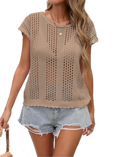 BreathSunny Womens Crochet Knit Swimsuit Coverup Beach Vest Summer 2025 Crew Neck Hollow Out Bathing Suit Cover Up Tank Top