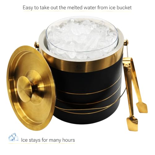 3L - Double-walled stainless Steel Ice Bucket with lid, Ice Tong and Inner Bucket for parties, cocktail bars and indoor an...