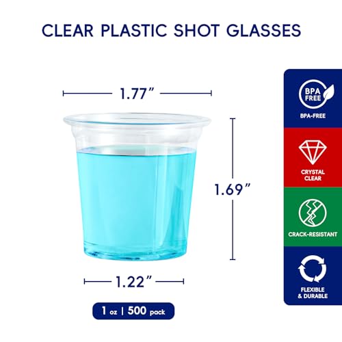 JOLLY CHEF 500 Pack Plastic Shot Glasses, 1 oz Clear Disposable Jelly Cups Reusable Perfect for Wine Tasting, Whiskey, Foo...