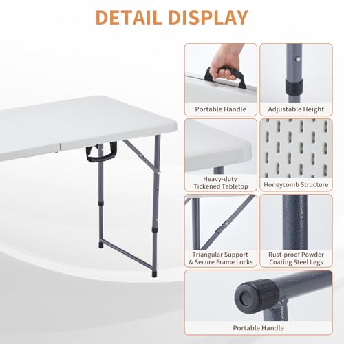 BOOSDEN 4 Foot Folding Table, Portable Rectangle Card Table, Indoor Outdoor Plastic Fold-in-Half Utility Table with Carryi...