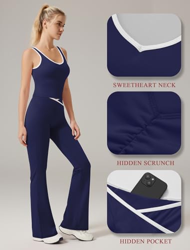 RXRXCOCO Women 2 Piece Workout Sets Flare Leggings Scrunch Butt Lifting Crop Tank Matching Set Colorblock Gym Yoga Outfits