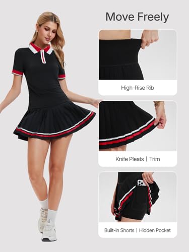 IUK Women's 2-Piece Tennis Skirt Set, Polo V-Neck Top & High-Waisted Pleated Skirt, Athletic Outfit for Golf Pickleball