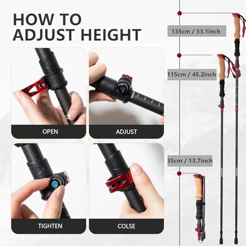 BISINNA Carbon Fiber Trekking Poles Collapsible Hiking Poles Lightweight Walking Sticks with Cork Handle Quick Lock for Wo...