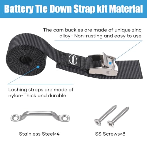 EXVITAL Battery Tie Down Strap Hold Down Kit, 1" x 48" Cooler Tie Down Kit with Non-Rusting Cam Buckle, Stainless Steel Br...