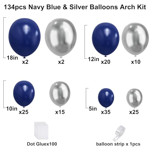 Blue and Silver Balloons Arch Garland Kit, 134pcs Navy Blue and Silver Balloons with Different Size for Birthday Party Bab...