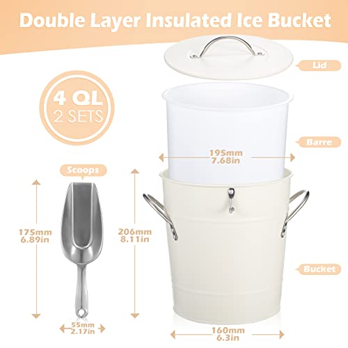 2 Pack Ice Buckets with Scoops 4QT Stainless Steel Ice Bucket Container for Party White Drink Champagne Insulated Server f...