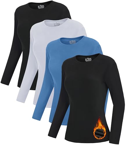 HeliosCloak 4 Pack Women's Thermal Long Sleeve Shirts Double-Sided Fleece Lined Base Layer Winter Basic Underwear Tops