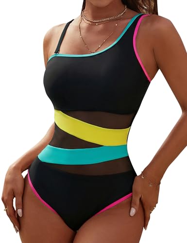 Blooming Jelly Women's Sexy One Piece Bathing Suits One Shoulder Swimsuits Slimming Mesh Swimwear
