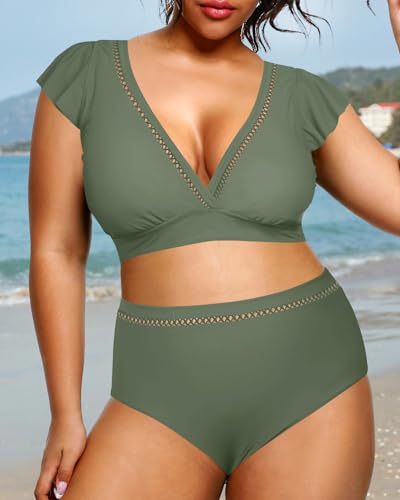 Daci Plus Size Two Piece Bikini Swimsuits - High Waisted Tummy Control Women Bathing Suits with Ruffle Sleeve Swimwear