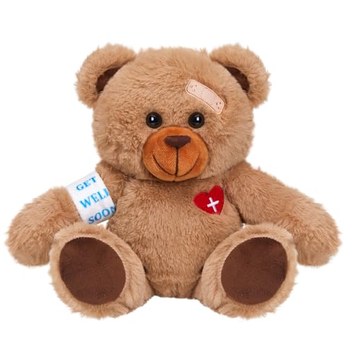 Houwsbaby 8’’ Tall Get Well Soon Brown Teddy Bear Stuffed Animal – Cute Recovery Gift with Bandage & Heart Patch – Broken ...