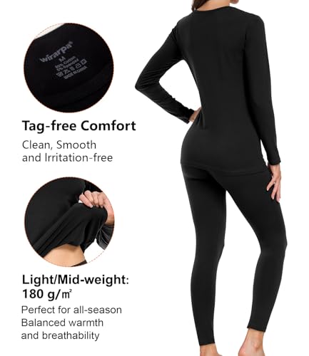 wirarpa Women's Cotton Thermal Underwear Set Lightweight Long Johns Base Layer Pajama Set for Women Top Bottom