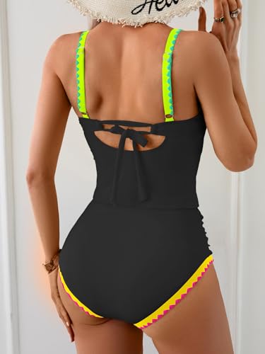 Eomenie Tankini Swimsuit for Women Tummy Control Ruched Two Piece Bathing Suits High Waisted Shell Stitch Swimwear