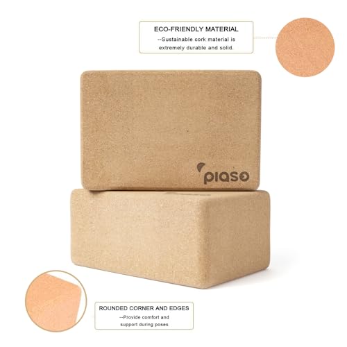 PIASO Cork Yoga Block 2 Pack for Pilates, Non-Slip & High Density Blocks for Meditation, Fitness and Stretching, Supportiv...