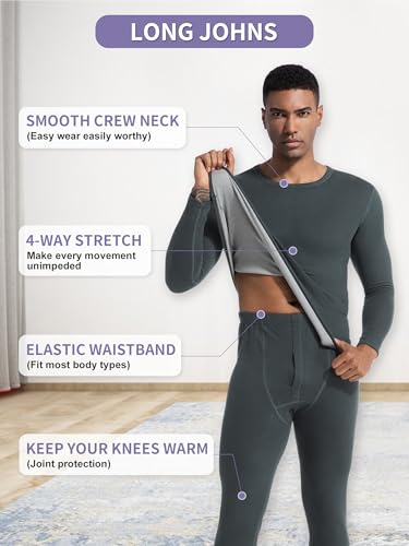 Raueupo Warm Thermal Underwear Set Mens Base Layer Long Johns Winter Hunting Gear Bottom Leggings Top with Mens Crew Socks