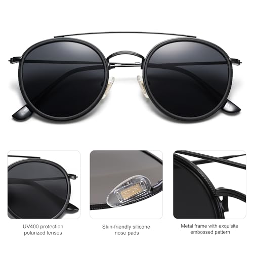 SOJOS Retro Vintage Round Polarized Sunglasses for Women Men Small Double Bridge Circle Sunnies SJ1104