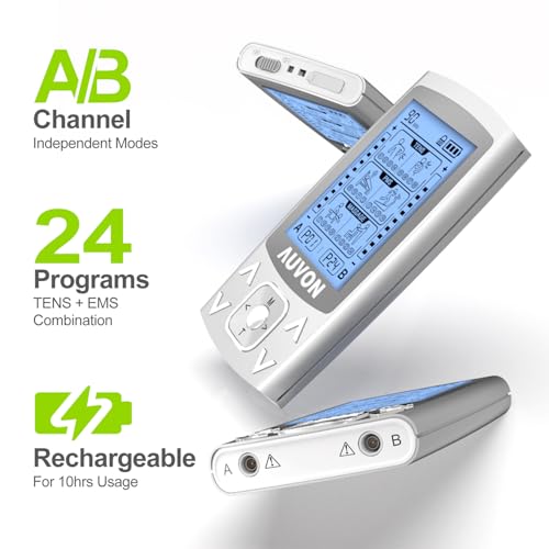 AUVON Dual Channel TENS EMS Unit 24 Modes Muscle Stimulator for Pain Relief, Rechargeable TENS Machine Massager with 12 Pa...