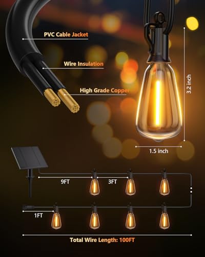 Brightown 100FT Solar String Lights Outdoor Waterproof with Remote, 31+2 LED Shatterproof Bulbs, Dimmable & Timable, 3 Lig...