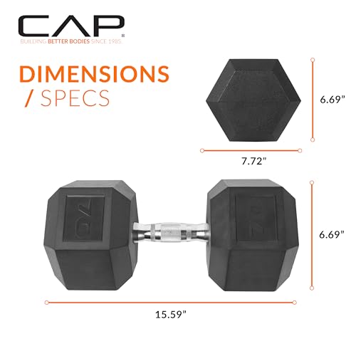 CAP Barbell 70 LB Rubber Coated Hex Dumbbell Hand Weight - Pair | Chrome Handle