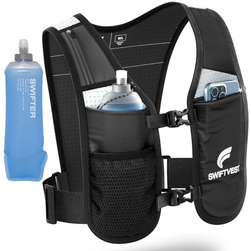SWIFTVEST Running Phone Holder Vest with 500ml/17oz Water Bottle | Reflective Hydration Vest | Adjustable | Light | 6 Pock...