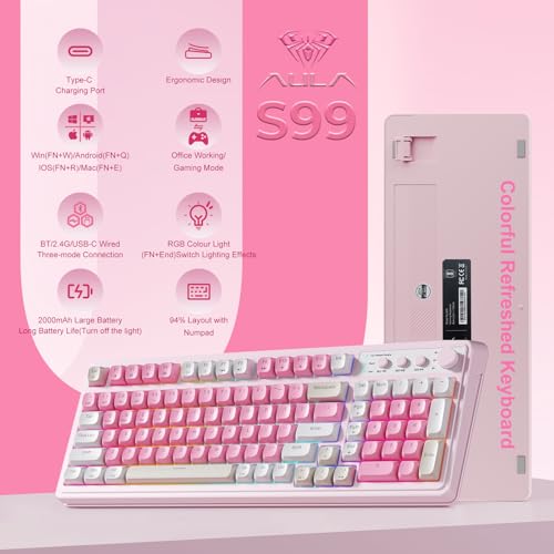 AULA 99 Key Keyboard, Wireless Gaming Keyboard Bluetooth Computer Keyboards Creamy Cute with Number Pad RGB Backlit Tri-Mo...