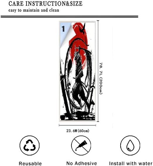 Japanese Samurai Decorative Window Film Watercolor Ink Samurai Sword Red Sun Printdining Room Window Film,Dorm Room Glass Film 23.6Wx78.7L-Inch X1Pcs
