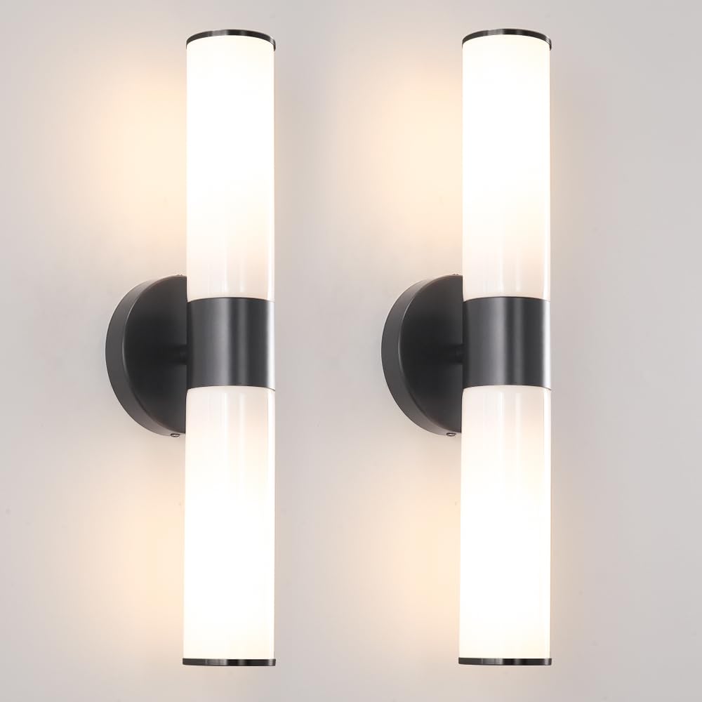 Black Wall Sconces Set Of 2  Modern Sconces Wall Lighting  Bathroom Vanity Lights With Opal White Glass Shade  Vanity Sconce Over Mirror  Wall Light Fixtures For Living Room Bedroom Hallway Stairs