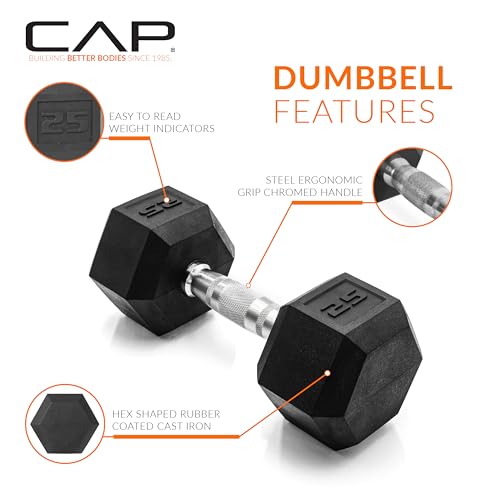 CAP Barbell Rubber Coated Hex Dumbbell Set with Vertical Rack | 100-300 lbs Free Weights Dumbbells Set for Home Gym | Mult...