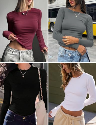 Ekouaer 3 Pack Women Long Sleeve Crew Neck Shirts Basic Thermal Tops Slim Fit Ruch Side Tees Going Out Layering Thirts XS-XXL