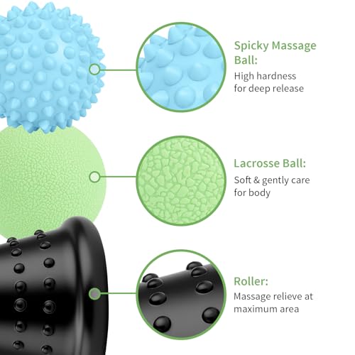Maliton Massage Ball & Foot Roller - 3-in-1 Set with Spiky Ball, Lacrosse Ball, Massage Roller - Plantar Fasciitis Relief ...