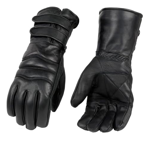 Milwaukee Leather SH233 Men's Black Leather Warm Lining Gauntlet Motorcycle Hand Gloves W/Double Strap Cuff Pull-on Closure