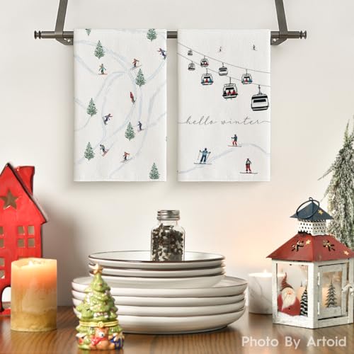 Artoid Mode Xmas Trees Ski Winter Kitchen Towels Dish Towels, 18x26 Inch Farmhouse Christmas Snow Decoration Hand Towels S...
