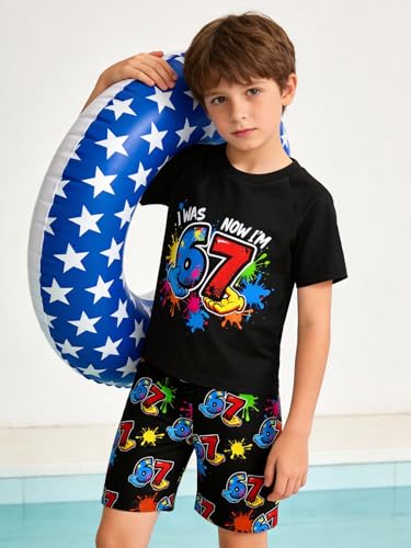 Kids 67 3-Piece Swim Set Rash Guard Quick-Dry Trunks and Cap Birthday Swimwear for Boys 5-12Y