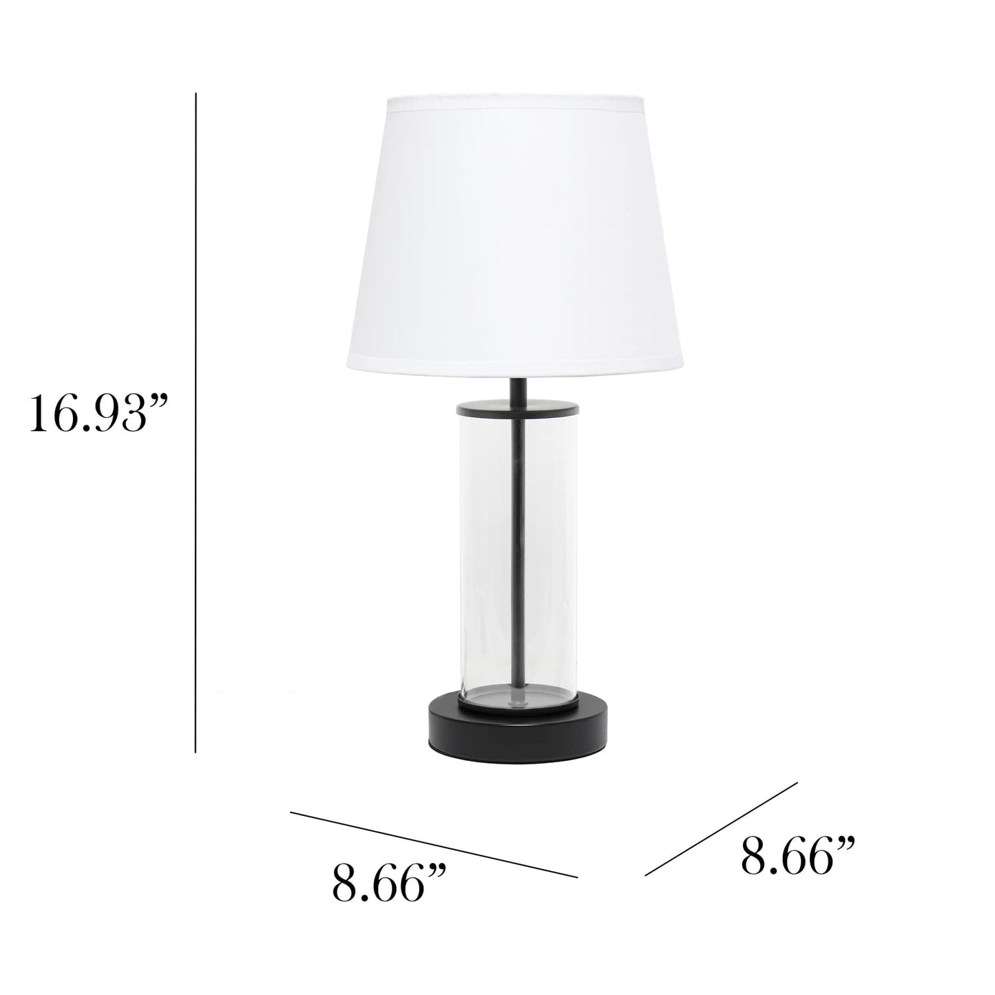 Simple Designs LT2081-BOW Modern Coastal Bedside Table Lamp, 8.66inL x 8.66inW x 16.93inH, Black Base, White Shade, Glass