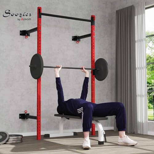 Soozier Folding Squat Rack with Adjustable Pull-Up Bar, 1000 Pounds Capacity Wall Mounted Power Rack, Adjustable Barbell R...
