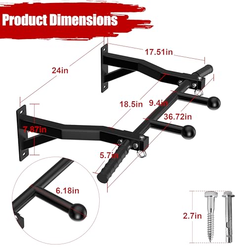 HWOOUSA Wall Mount Pull Up Bar, Heavy Duty Steel PullUp Bar Fits 16" & 24" Wood Studs, Multi Grip Pull Up Bar with Ball Fi...