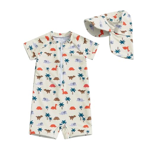 Ayalinggo Toddler Boys Rash Guard Swimsuit Sea World Animal Print Zipper Short Sleeve Bathing Suit with Swim Cap for Kids