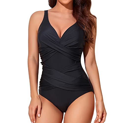 Smismivo Tummy Control Swimsuits for Women Slimming One Piece Bathing Suit Retro Ruched Push Up Vintage Padded Swimwear