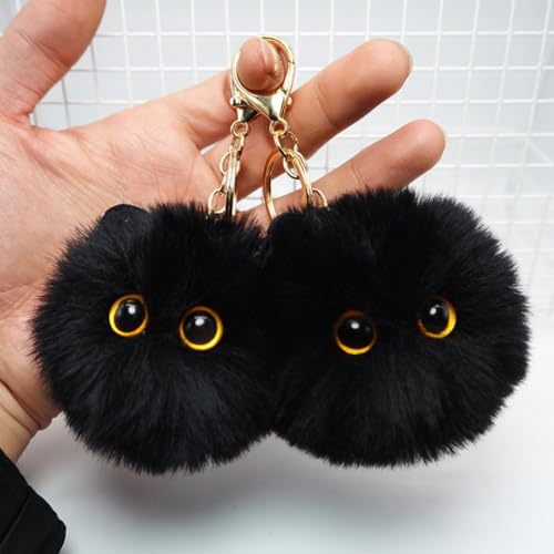 Aibelifam 2pcs Black Cat Keychain Gifts for Cat Lovers, Cute Plush Backpack Charms for Girls, Pom Pom Car Plush Keychains, Accessories for Handbags, Backpacks and Wallets, Gifts for Women
