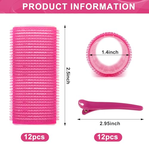 Hair Rollers, 12 Pack Hair Curler Small Hair Rollers for Women, Self Grip Hair Roller with Clips, Rose Red (Medium PLUS)